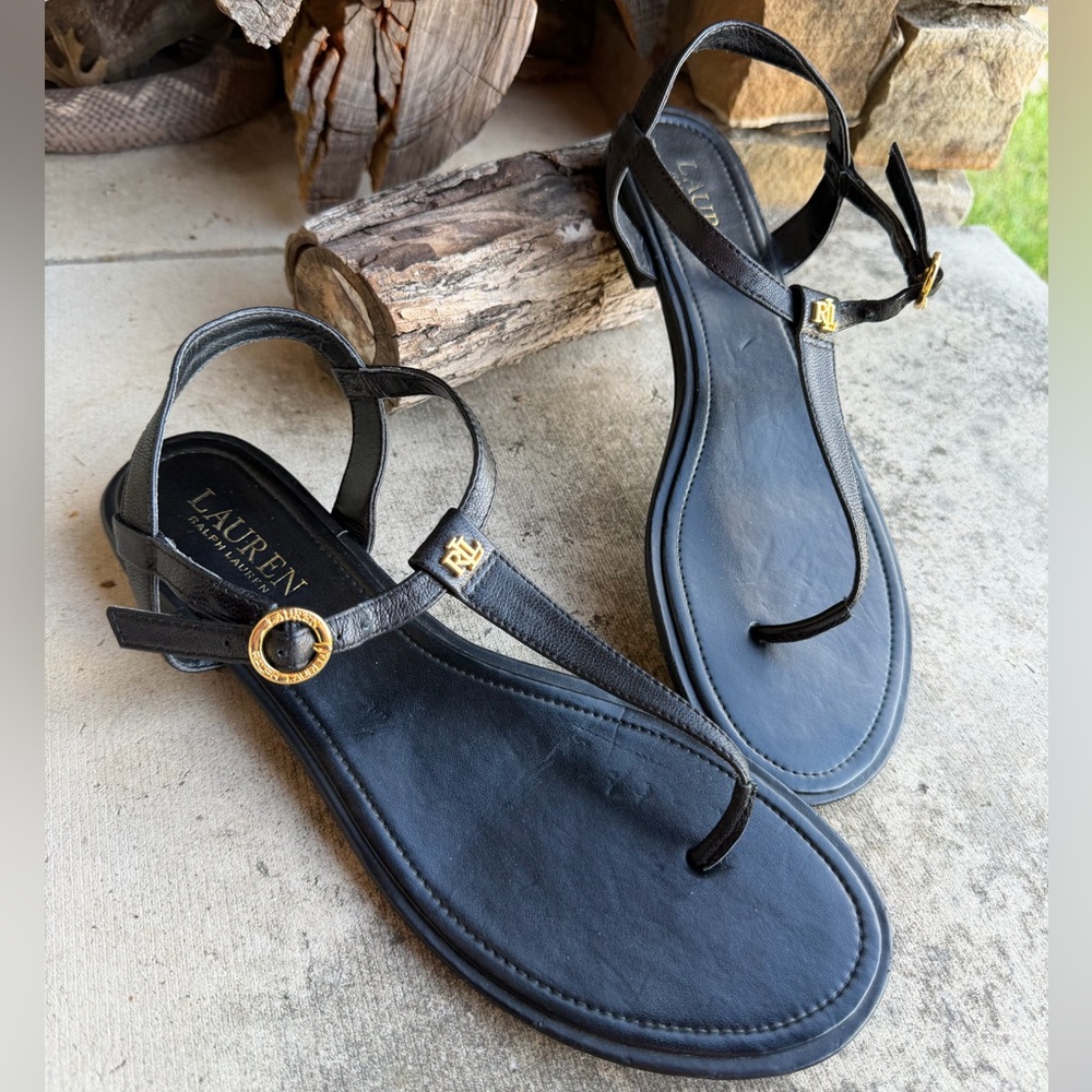 Lauren Ralph Lauren Olivea Black T-Strap Sandals with‎ Gold Accents Sz-9.5B. X